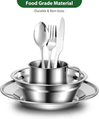 Odoland 29pcs Stainless Steel Utensils Camping Mess Kits with Bowls Plates Cups Forks Spoons and Knives for 4, Camping Cutlery Set for Backpacking, Outdoor Hiking and Picnic