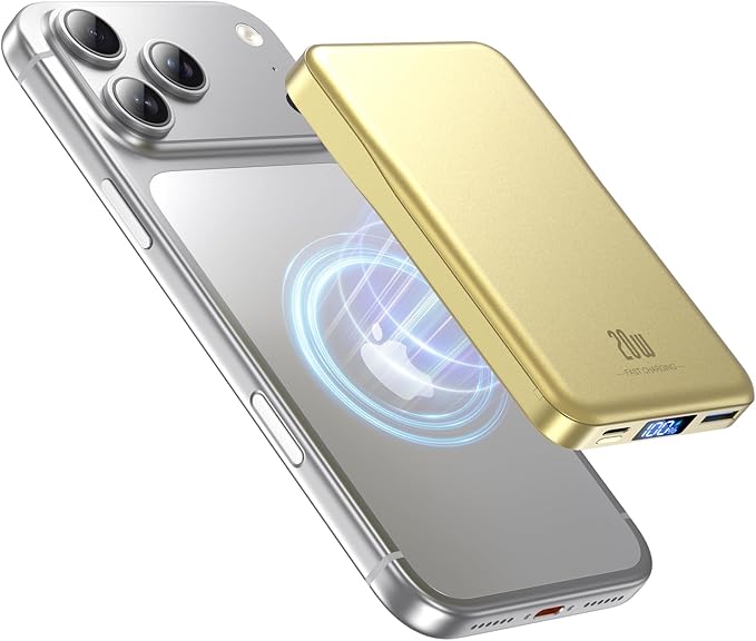 Aobbow Magnetic Portable Charger, 10000mAh MagSafe Battery Pack with LED Display, 20W USB-C Fast Charging Power Bank, Travel Essentials Wireless Charger for iPhone 17/16/15/14/13/12, Golden