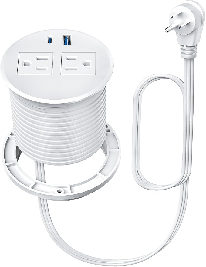 Desktop Power Grommet with 20W USB C Fast Charging, 3 inch Flush-Mount Recessed Power Strip for Desk,Office Tables,Furniture, Recessed Outlet 6FT Cord, 45° Thin Flat Plug, 2 USB Ports, White