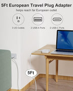 European Travel Plug Adapter, US to Europe Plug Adapter with 3 Outlets & 4 USB(2 USB-C), 5ft European Power Cord, International Power Strip, Type C for Europe EU Germany France, Travel, White