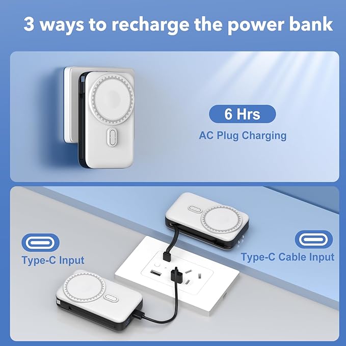 Magnetic Portable Charger 10000mAh for iPhone with Built-in Cables and Wall Plug,Wireless Power Bank with iWatch Charger,LCD Display 22.5W Fast Charging Battery Pack for iPhone 16/15/14/13/12 (White)