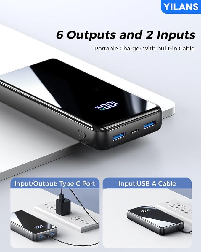 Portable Charger,50000mAh Power Bank Built-in Cable, 22.5W PD USB C In & Out Fast Charging, External Battery Pack with 6 Output & 2 Input, Travel Phone Charger for iPhone 17/16/15/14/13/12(Black)