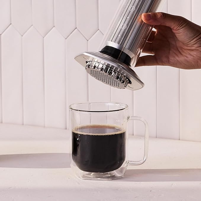 AeroPress Premium Coffee Press, Glass, Stainless Steel & Aluminum Coffee Maker, All-in-One French Press, Pour-Over & Espresso Style Manual Brewer, 2 Min Brew for Less Bitterness, More Flavor, Silver