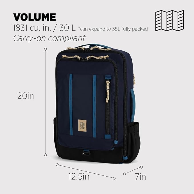 Topo Designs Global Travel Bag – 30L or 40L - Carry-On Compliant Most Airlines, Durable Travel Duffel Bag, Clam Shell Main Pocket, Laptop Sleeve, Backpack, Luggage (30L / Navy/Sahara)