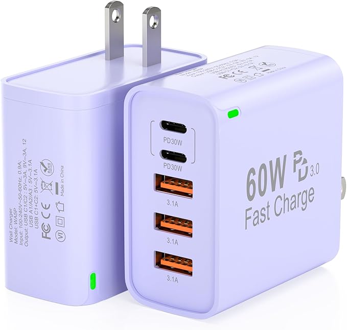 2Pack USB C Fast Charger Block, Total 60W 5-Port USB C Wall Charger 30W Type C Charging Block, 2USB C+3USB A PD 3.0 Multiport Charging Cube for iPhone 17 16 15 14 Pro Max, G-alaxy S26 S25 Ultra, i Pad