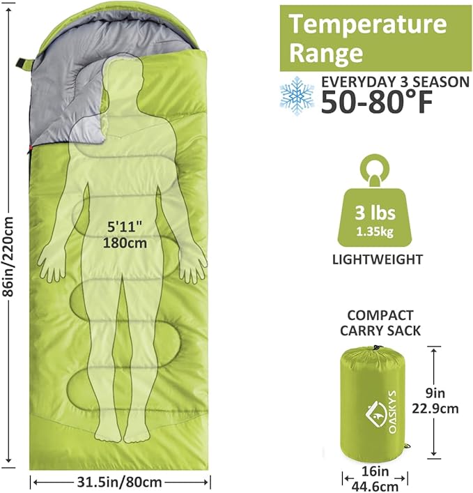 oaskys Camping Sleeping Bag - 3 Season Warm & Cool Weather - Summer Spring Fall Lightweight Waterproof for Adults Kids - Camping Gear Equipment, Traveling, and Outdoors