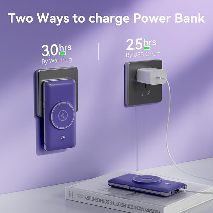 Magnetic 10000mAh Portable Charger for iWatch & iPhone, PD Fast Charging Wireless Power Bank Built-in Cables and Wall Plug, External Travel Battery Pack Compatible with iOS Android Phones