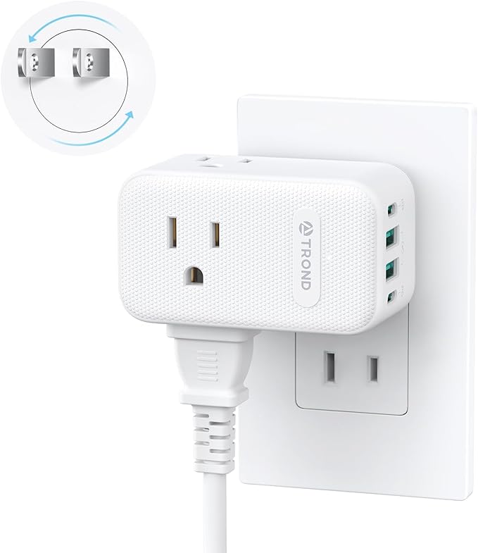 TROND 2 Prong to 3 Prong Outlet Adapter with 360 Rotating Plug, 3 AC Power Splitter with 2 USB C PD20W, Travel Plug Adapter for US to Japan, Wall Outlet Extender for Old House Travel Essentials