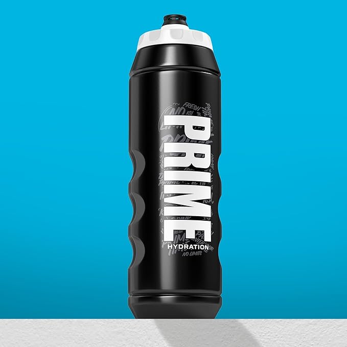PRIME 32 oz Black Graffiti Squeeze Sports Water Bottle, BPA Free, Dishwasher Safe, Easy-Grip Ergonomic Leakproof Design, Fast Hydration for Gym, Cycling, Running