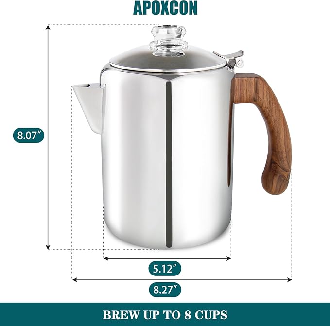 APOXCON Coffee Percolator Pot Stainless Steel Coffee Maker with Tough Glass Knob & Fireproof Solid Wood Handle & Drip-Free Spout Camping Coffee Pot Using on any Stovetop NO Aluminum NO Plastic (8 Cup)