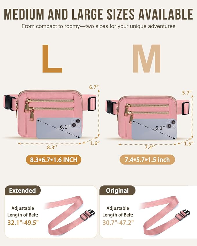 Capolo Fanny Packs for Women Fashion Waist Packs Bag with Adjustable Strap and 4 Zipper Pockets Waterproof Everywhere Crossbody Belt Bag for Workout Running Travelling(Pink, Large)