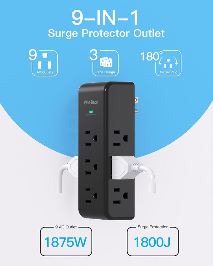 Surge Protector Outlet Extender, 9 AC Multi Outlet Wall Plug with Rotating Plug, 1800J Wall Charger, 3-Sided Power Strip Electrical Plug Adapter Outlet Splitter for Home Office Dorm, Black