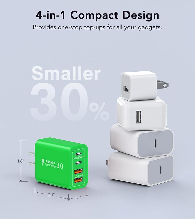 [2-Pack] 40W USB C Charger Block, 4-Port Type C Fast Charging Brick Dual PD&QC Wall Plug Adapter Power Brick for iPhone 13/14//15/16/17 Pro Max Plus/iPad/Airpods/iwatch/Samsung Galaxy (Green)