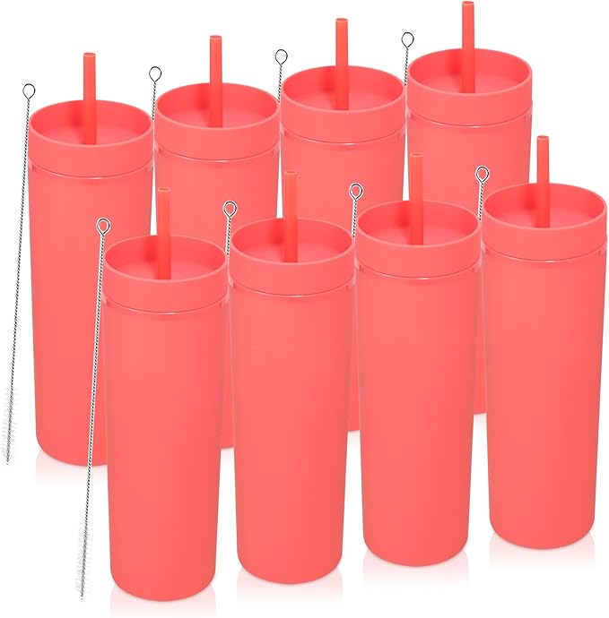 Volhoply 20oz Tumbler with Lid and Straw 8 Pack,Double Wall Plastic Skinny Tumblers Bulk,Reusable Travel Cute Coffee Mug,BPA Free Matte Acrylic Water Cups with Straw for Party,DIY Gifts(Red, 8 Set)