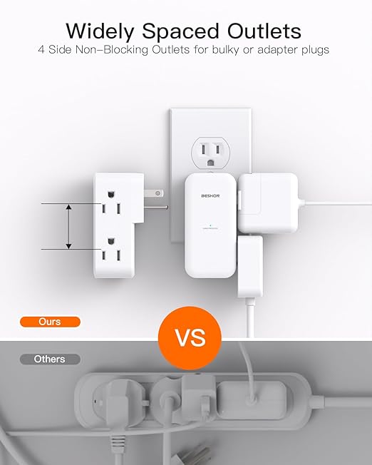 Surge Protector Outlet Extender- with Rotating Plug,6 AC Multi Plug Wall Outlet,4-Sided Outlet Splitter,900J Wall Outlet Adapter for Bathroom,Home,Travel,Dorm Room Essentials