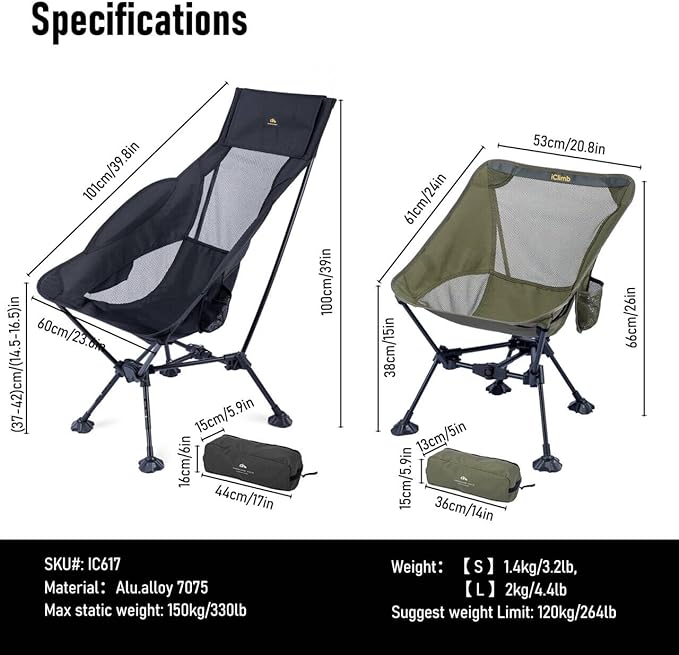 iClimb Ultralight Compact Camping Folding Beach Chair with Anti-Sinking Large Feet (Black - Triangular Frame High Back - 2PC)