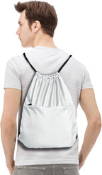 Drawstring Backpack Sports Water Resistant String Bag Sport Gym Sackpack for Women Men Large with Zipper, White