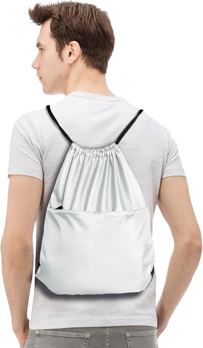 Drawstring Backpack Sports Water Resistant String Bag Sport Gym Sackpack for Women Men Large with Zipper, White