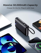 Portable Charger 50000mAh with Built-in Cables and AC Wall Plug, 22.5W Fast Charging Power Bank with LED Display for iPhone 17/16, Samsung, Android Devices, Camping, Road Trips and Travel, Dark