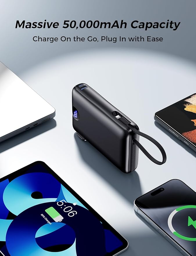 Portable Charger 50000mAh with Built-in Cables and AC Wall Plug, 22.5W Fast Charging Power Bank with LED Display for iPhone 17/16, Samsung, Android Devices, Camping, Road Trips and Travel, Dark