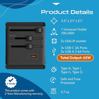 Ceptics 8 in 1 Universal Travel Adapter for EU, UK, US, AU and More, World Travel Adapter, 2X US Socket, Universal Socket, 3X USB-C and 2X USB-A, 45W Fast Charge – UP-45KU-BL