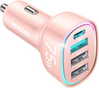 75W Car Charger USB C, 4 Port Super Fast Cigarette Lighter USB Charger, Type C 60W & QC 3.0 Multiport Car Phone Adapter Accessories for iPhone 17/16/15/14/13/12 Pro Samsung S26 Series, Pink