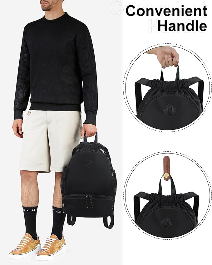 RHDZO Drawstring Backpack Gym Backpack with Shoe Compartment for Men Women String Sports Bag with Wet Pocket Cinch Swim Beach Bag, Large Black