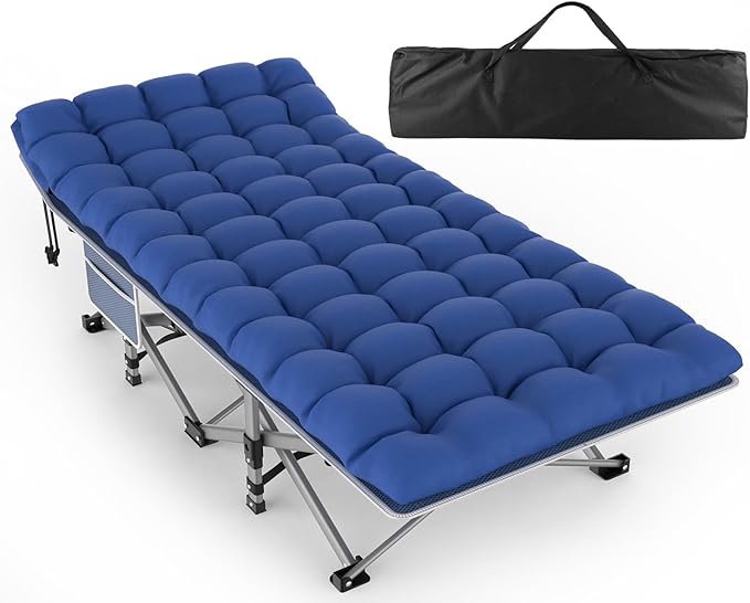 ZENPETIO Oversized XXL Folding Camping Cot, Heavy Duty Sleeping Cot for Adults with Mattress and Pillow, Portable Cot Bed with Carry Bag for Outdoor Camp Travel Home Guest Office, Blue