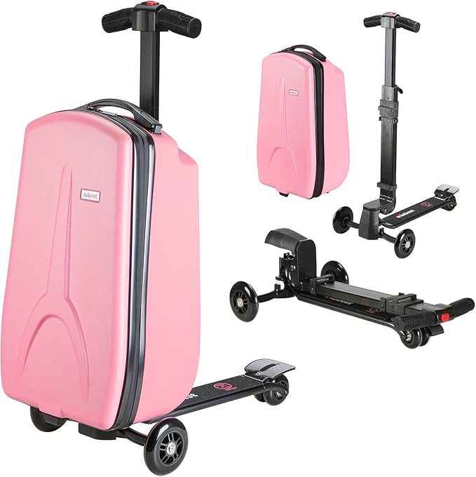 Scooter Luggage for Kids Scooter Suitcase for Ages 4-12, 4 in 1 Kids Luggage Boarding Suitcase Detachable & Foldable Scooter Travel Trolley Ride On Luggage-Pink