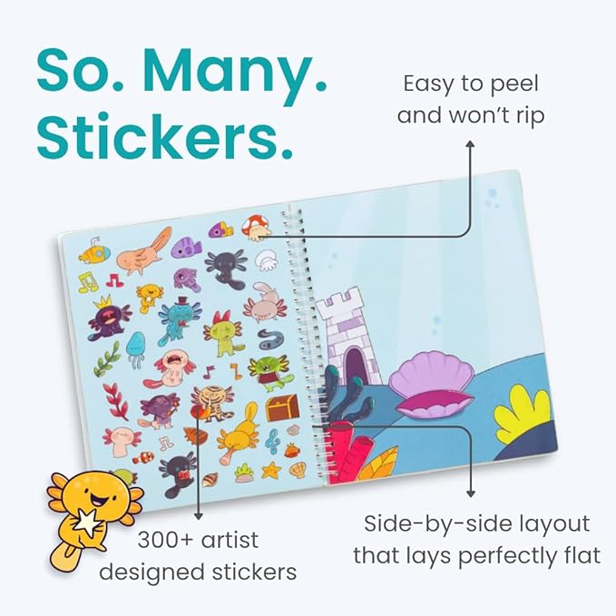 Axolotl 300+ Kids Sticker Book by Cupkin Toddler Airplane Travel Coloring and Sticker Book, Road Trip Essentials, 8 Coloring Pages 8 Side by Side Scenes for Ages 2–8 Years