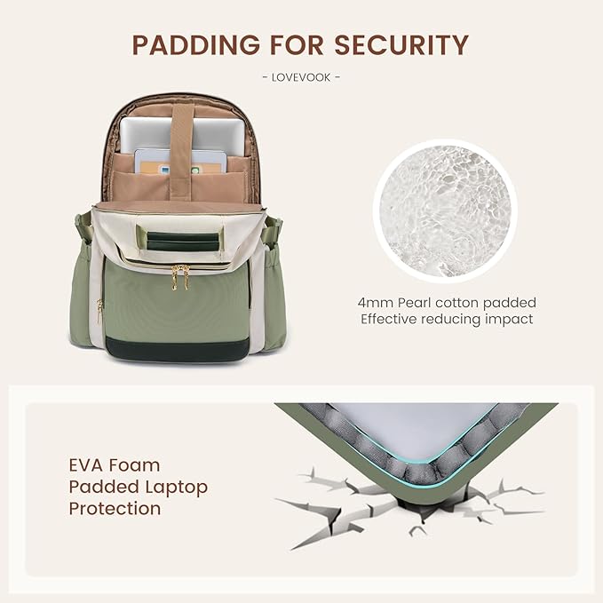 LOVEVOOK Laptop Backpack for Women with Pouch Pocket for Large Capacity Cup,15.6 Inch Laptop Computer Bag Travel Backpack Purse,Waterproof Work College Teacher Bags,White-Bean Green-Dark Olive Green