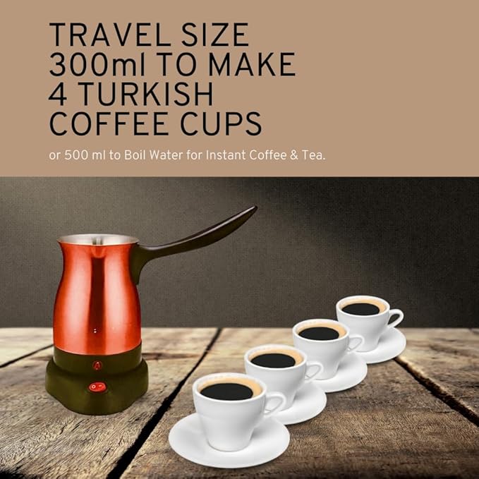 Electric Turkish Coffee Maker Kettle Pot Stainless Steel Cool Touch Handle Travel Size, Fast Boil & Keeps Water Boiling for Arabic & Greek Coffee, Tea 0.3L (RED)