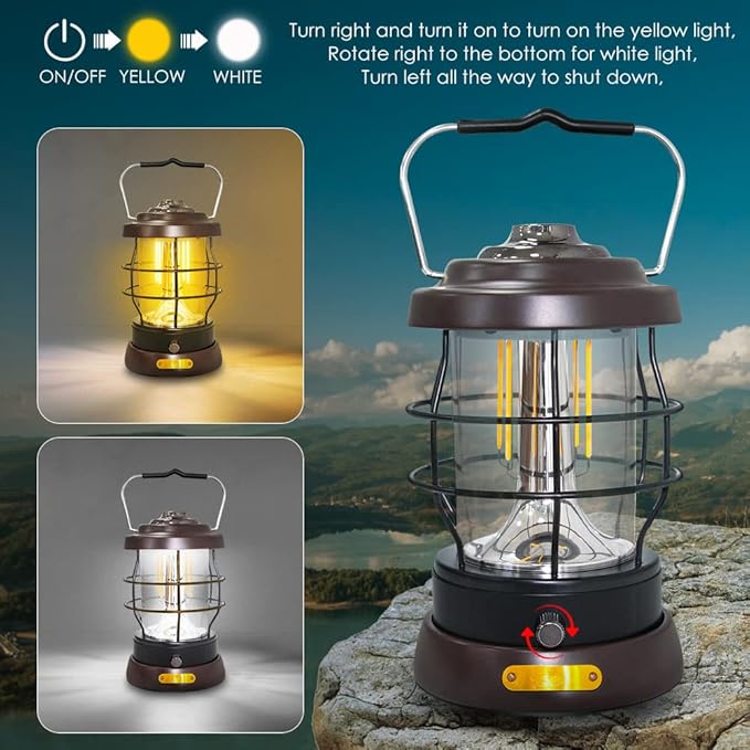 Retro Camping Lantern Rechargeable 1500LM 2 Modes Dimmable,Portable Electric Hurricane Lamp Hands-Free Flashlight,5000 mA High Capacity Battery LED Lanterns for Power Outages Indoor