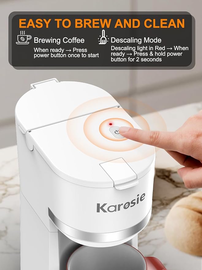 Single Serve Coffee Maker for K-Cup and Ground Coffee,Fast Brew,6-12 oz Brew Sizes One Cup Coffee Machine Fits 5.5" Mugs,One-Button Small Coffee Maker with Descaling Reminder,White,9.45 Inches