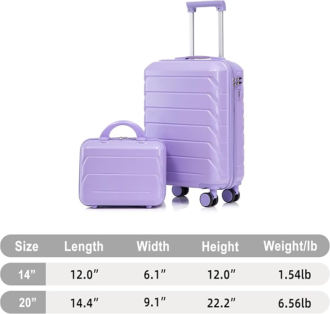 Kids Luggage Sets for Girls, 2 Piece Luggage Set, 20 Inch Rotating Wheel Suitcase with 14 Inch Cosmetic Case, Lightweight Hardshell Suitcase with 360° Spinner Wheels for Travel (Purple)
