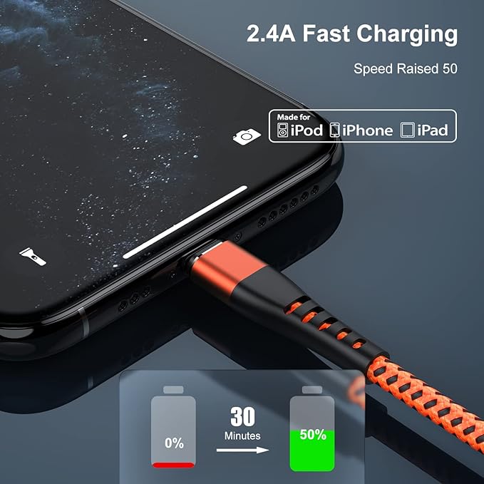 Essri 2Pack for iPhone Charger Cord 10FT, Lighting Cable 10 Feet to USB Charging Cable, Nylon Braided Charging Cord 10 Foot Compatible with iPhone 14 13 12 11 X XS XR 15 Pad -Orange