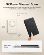 Belkin MagSafe Power Bank 5,000mAh, Ultra-Slim Qi2 15W Certified Magnetic Back Supports MagSafe Accessories On-the-Go, Wireless Battery Pack w/USB C Cable for iPhone 17, Pixel 10, Travel - Black