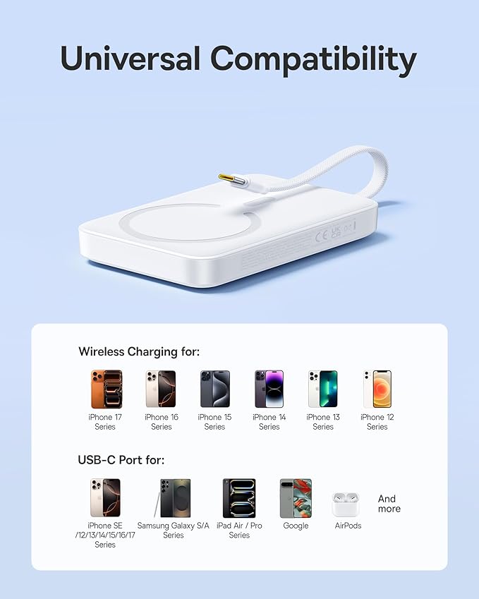 Baseus Magsafe Power Bank, 10,000mAh 30W Magnetic Portable Charger, Fast Charging Wireless Battery Pack with Built-in Braided USB-C Cable for iPhone 17 Pro Max/Air/16/15/14/13, AirPods, iPad and More