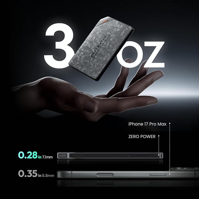 FLEXTAILGEAR 5000mAh Power Bank, Ultra-Lightweight Outdoor Portable Power Bank, Outdoor Travel Fast Charging Waterproof Carbon Fiber, Slim USB-C Power Portable Charger Battery Pack for Phones