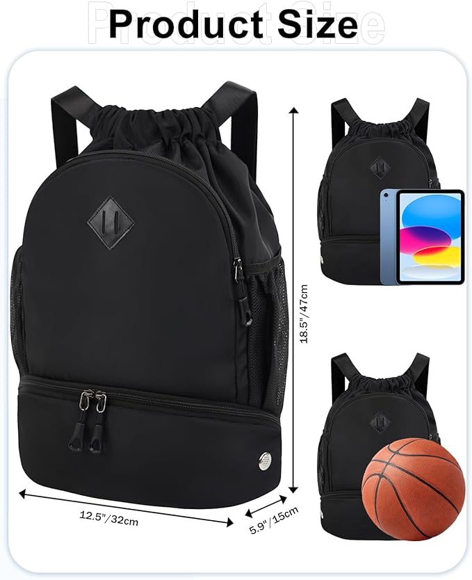 RHDZO Drawstring Backpack Gym Backpack with Shoe Compartment for Men Women String Sports Bag with Wet Pocket Cinch Swim Beach Bag, Large Black