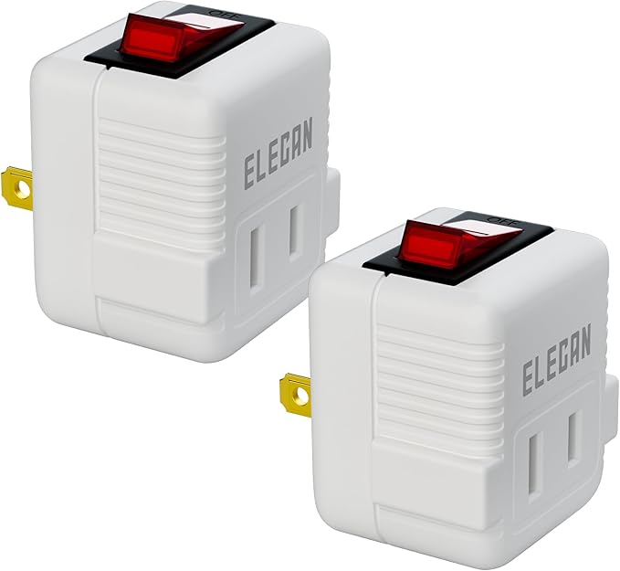 Elecan 2 Prong Outlet Extender with On/Off Switch (2 Pack), Power Switch Outlet Adapter Wall Tap, Energy Efficient Adapter for Small Appliances, Space-Saving Design, Travel Essentials,ETL Listed,White