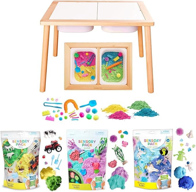 Creativity for Kids Sensory Table with 29-Piece Color Party Kit & 3 Themed Sensory Packs Bundle - Farm, Axolotl & Outer Space Activities (Ages 3+)