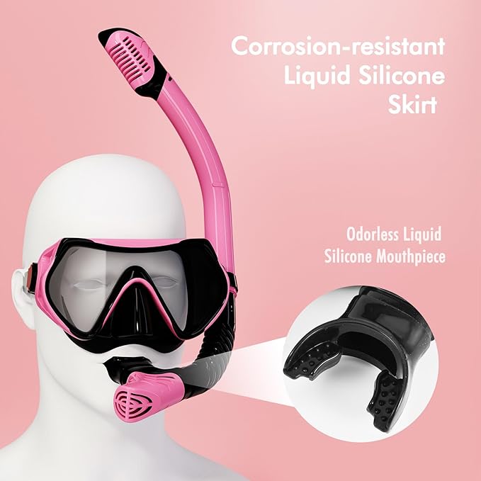 Snorkeling Gear for Adults, JRing Snorkel Mask Set with 180 Degree Tempered Glass Anti Fog Goggles Scuba Dry Top Snorkel for Swimming, Scuba Diving Mask for Men Women