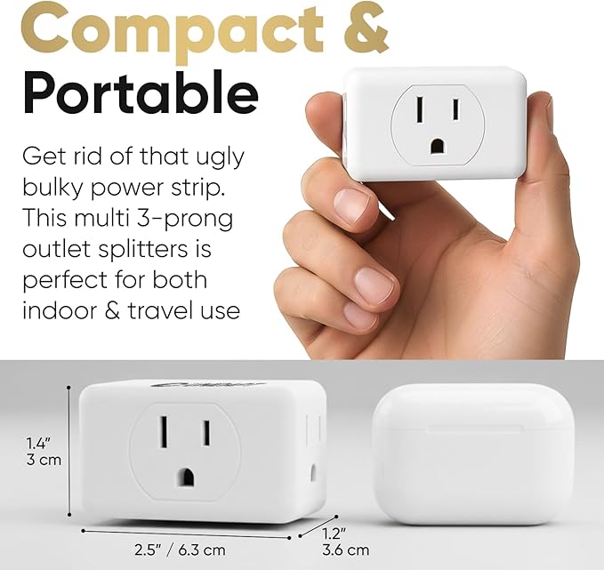 Unidapt Multi Plug Outlet Extender 2 Pack - 3 Way Wall Outlet Splitter, Cruise Ship Essentials Power Plug Adapter, Compact Travel Wall Tap Expander, Flat Angled Design, Home, Office, Dorm - White