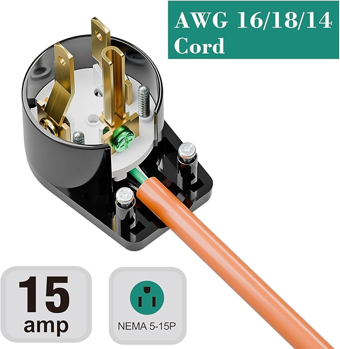 (2Pack) Nema 5-15P Plug, Plugrand 15A 125V Right Angle AC Plug, Nema 5-15P DIY 90 Degree Plugs, 3-Prong Rewirable Plugs, 3 Prong Household Right Angle AC Connector, ETL Verified