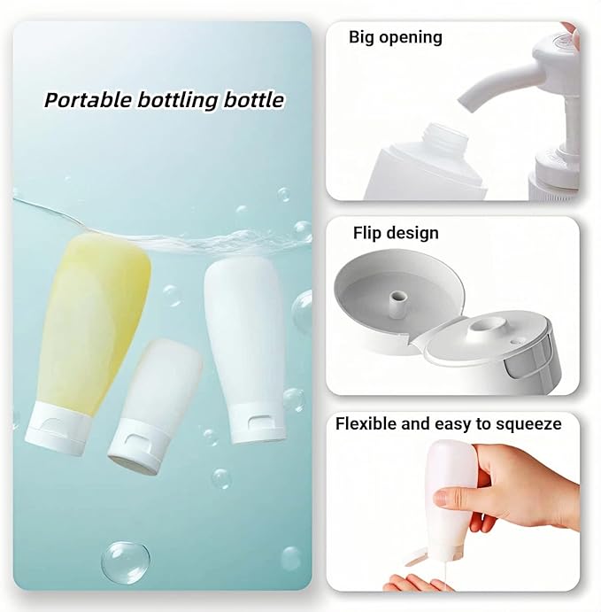 Chinshwehaw Portable Travel Bottles Set, Silicone Squeeze Containers, White, 3-Pack (30ml, 60ml, 100ml), Leakproof, Wide Mouth Design, BPA-Free, TSA Approved for Toiletries, Shampoo, Lotion (White)