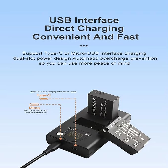 LP-E17 Dual USB Camera Battery Charger Station with LCD Display, Overcharge Protection,for R10/R50/R100/RP/850D/800D/200D/M5/M6 Mark II Cameras‌