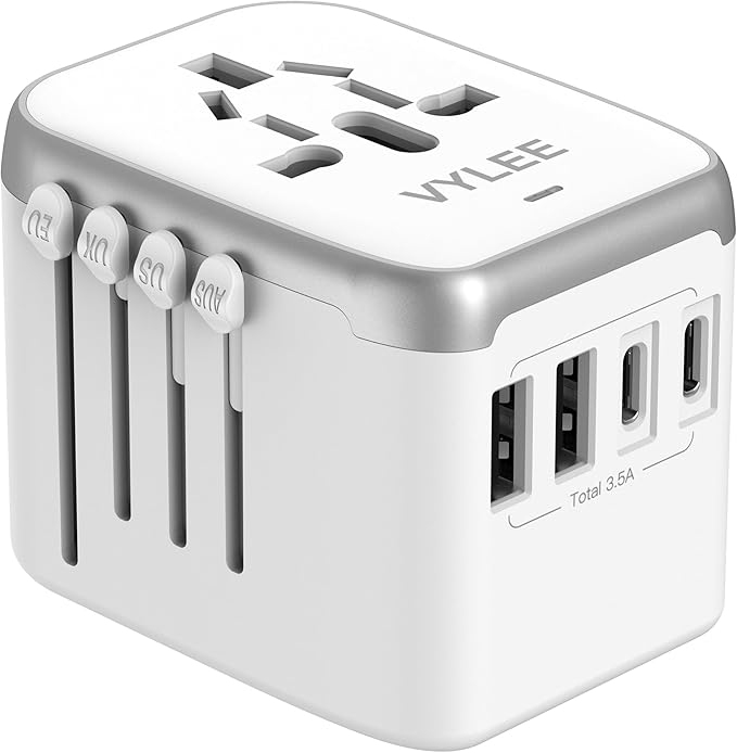 VYLEE Universal International Power Travel Plug Adapter, 5 in 1 European Travel Plug Adapter W/ 3.5A 2xUSB-A and 2xUSB C Wall Charger and Worldwide AC Outlet for Europe USA UK AUS Asia (White Grey)