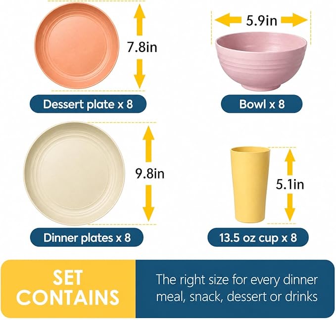 Teivio 32-Piece Wheat Straw Dinnerware Sets for 8, Dinner Plates, Dessert Plate, Cereal Bowls, Cups 13.5oz, Unbreakable Colorful Plastic Outdoor Camping RV Kitchen Essentials Dishes, Pink Ombre
