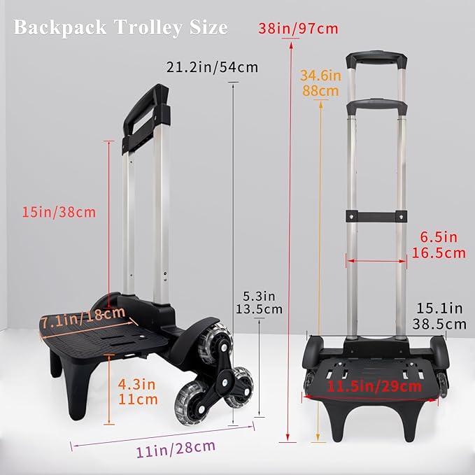 Lightweight Foldable Backpack Trolley – Black 3-Wheel Rolling Hand Truck with Strap, Portable Folding Cart for Backpack, Travel, Commuting, and Daily Utility Use